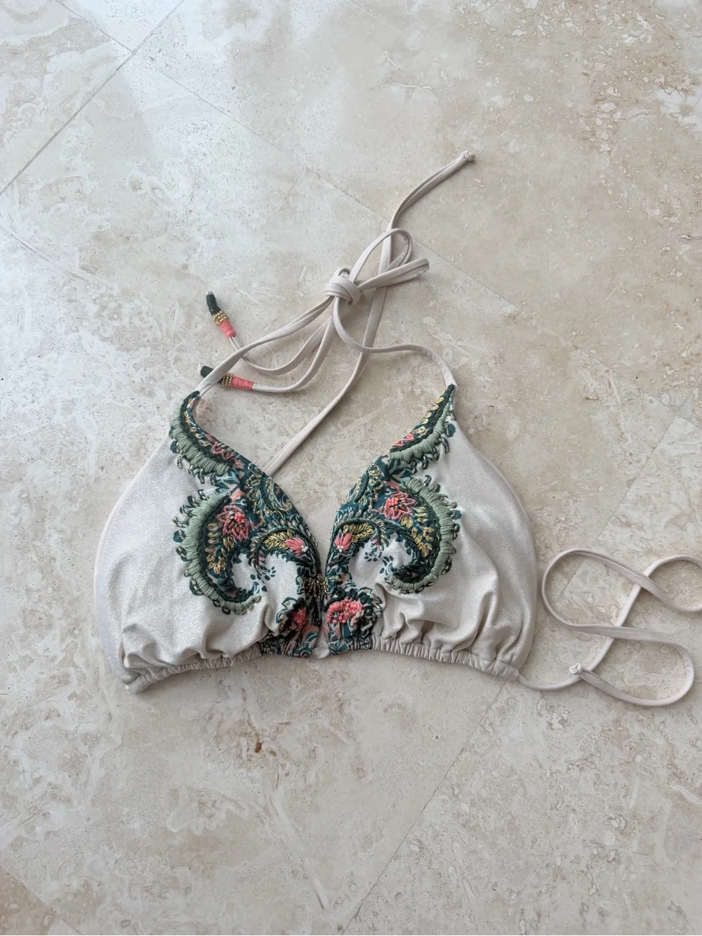 Embroidered Cream Bandeau Swim Top with Green Floral Detail